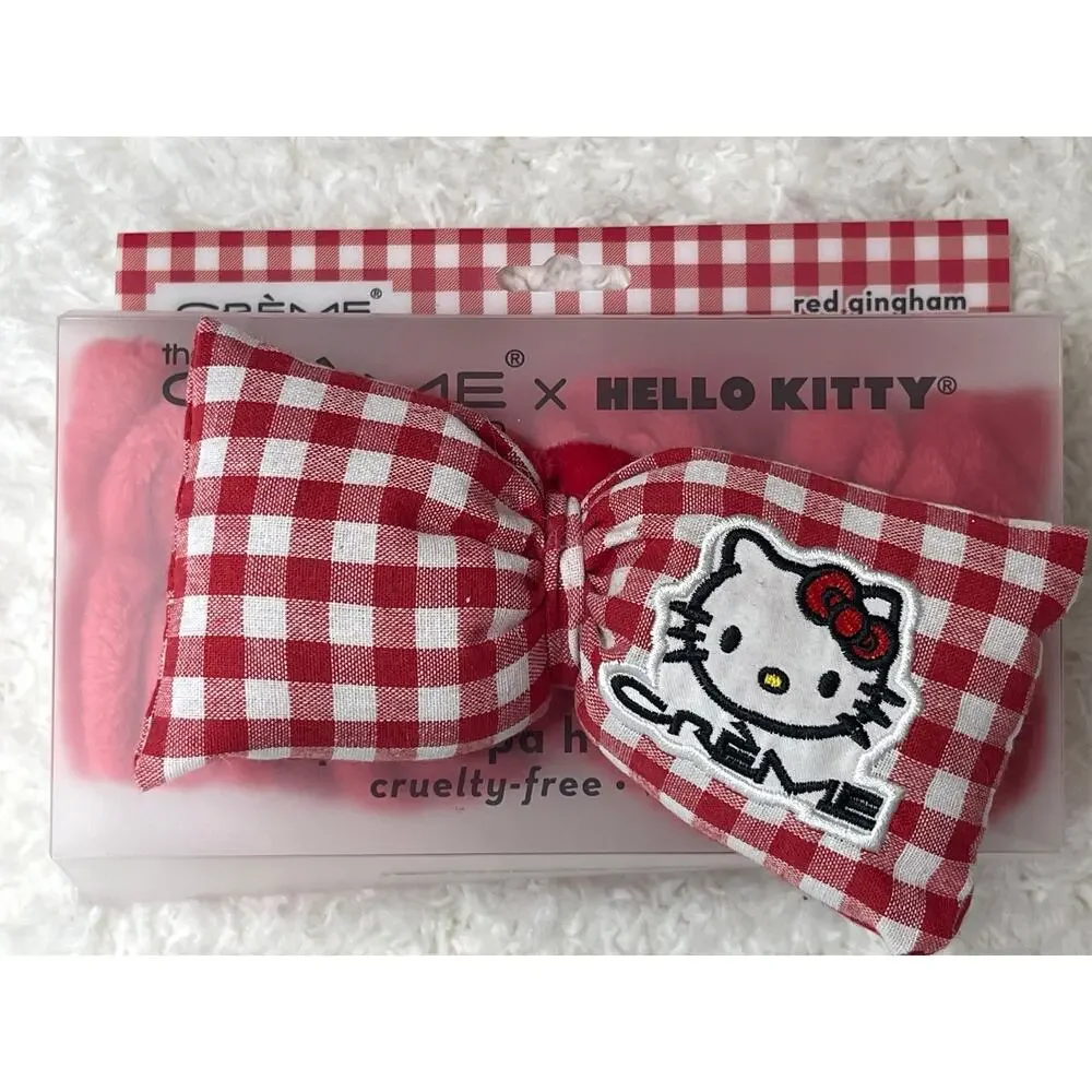 The Creme Shop Hello Kitty Red White Gingham Plush Spa Headband Bow Hairband NEW